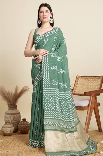 Sea green printed color block embellished cotton silk bollywood saree with blouse
