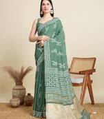 Sea green printed color block embellished cotton silk bollywood saree with blouse