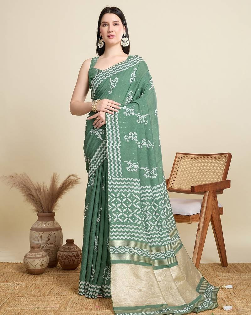 Sea green printed color block embellished cotton silk bollywood saree with blouse