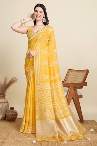 Yellow printed color block embellished cotton silk bollywood saree with blouse