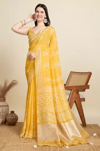 Yellow printed color block embellished cotton silk bollywood saree with blouse