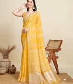 Yellow printed color block embellished cotton silk bollywood saree with blouse