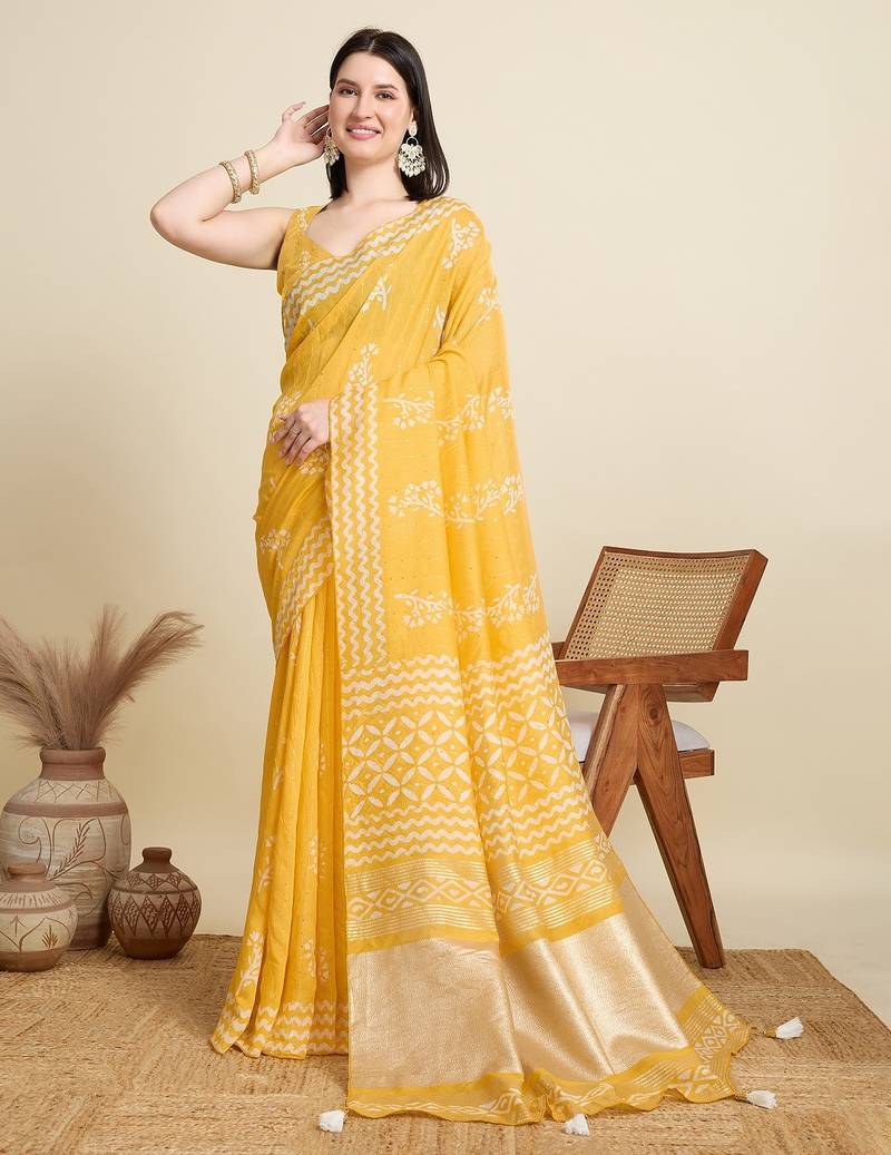Yellow printed color block embellished cotton silk bollywood saree with blouse