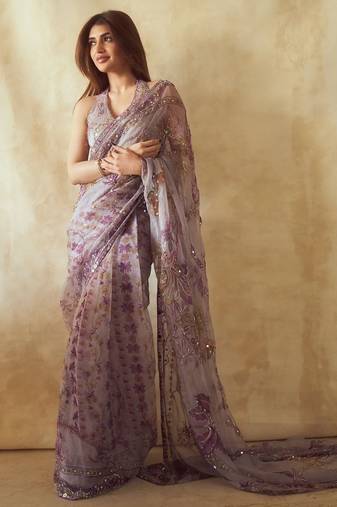 Lavender Color Print  Sequins and  Hand Real Mirror Work Silk Saree