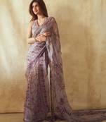 Lavender Color Print  Sequins and  Hand Real Mirror Work Silk Saree