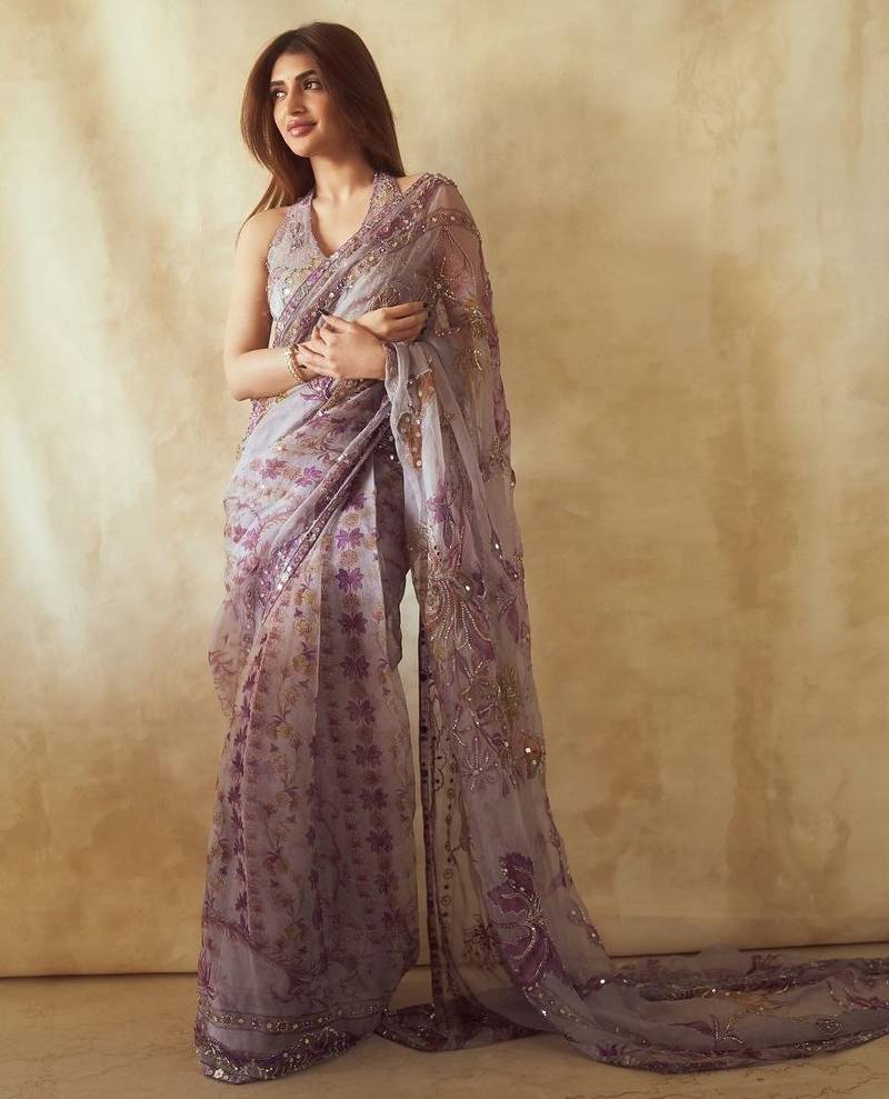 Lavender Color Print  Sequins and  Hand Real Mirror Work Silk Saree