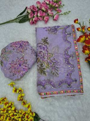 Lavender Color Print  Sequins and  Hand Real Mirror Work art silk saree 2