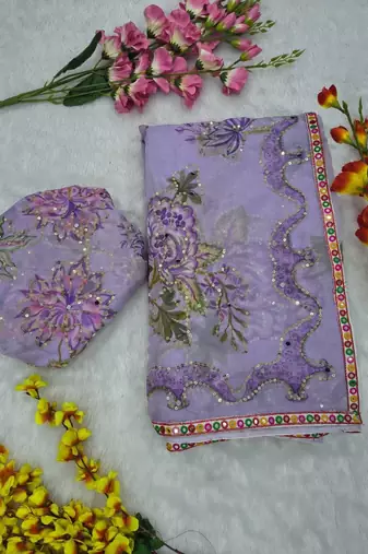 Lavender Color Print  Sequins and  Hand Real Mirror Work art silk saree