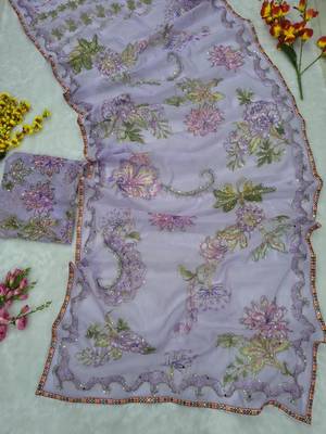 Lavender Color Print  Sequins and  Hand Real Mirror Work art silk saree 3