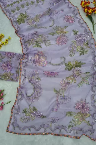 Lavender Color Print  Sequins and  Hand Real Mirror Work art silk saree