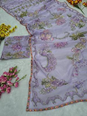 Lavender Color Print  Sequins and  Hand Real Mirror Work art silk saree 4