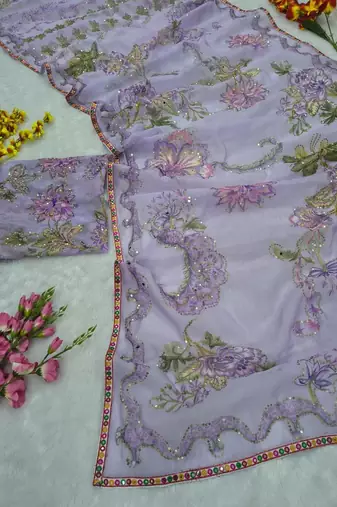 Lavender Color Print  Sequins and  Hand Real Mirror Work art silk saree