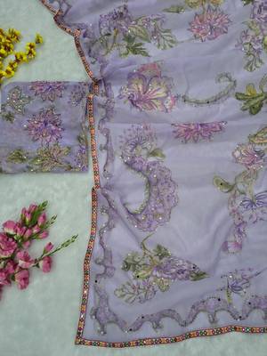 Lavender Color Print  Sequins and  Hand Real Mirror Work art silk saree 5