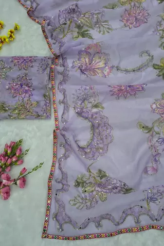 Lavender Color Print  Sequins and  Hand Real Mirror Work art silk saree