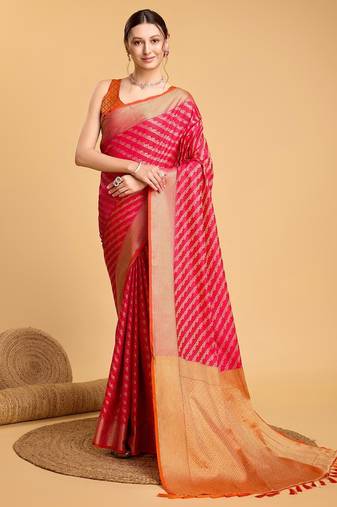 Dark pink woven self design embellished pure silk banarasi saree with blouse