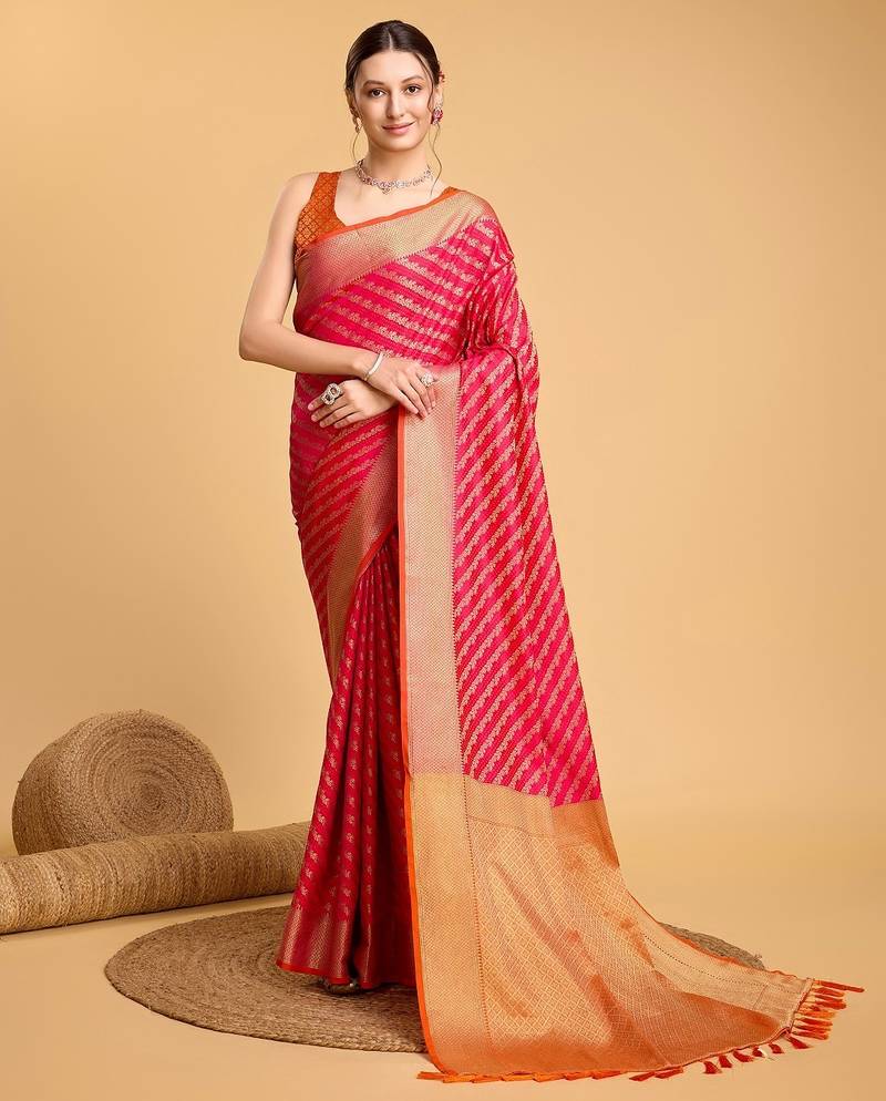 Dark pink woven self design embellished pure silk banarasi saree with blouse