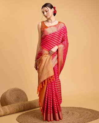 Dark pink woven self design embellished silk blend banarasi saree with blouse 2
