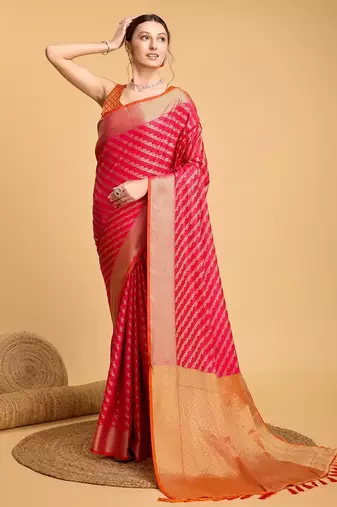Dark pink woven self design embellished pure silk banarasi saree with blouse