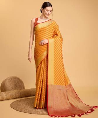 Mustard woven self design embellished silk blend banarasi saree with blouse 1