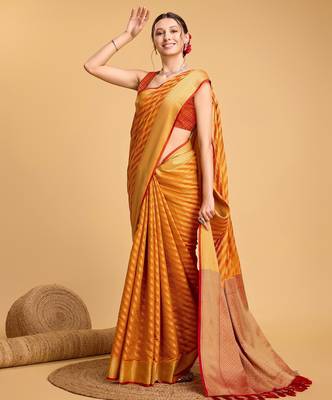 Mustard woven self design embellished silk blend banarasi saree with blouse 2