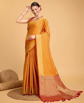Mustard woven self design embellished silk blend banarasi saree with blouse 3