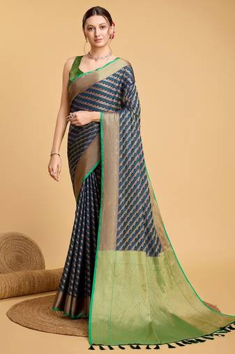 Navy blue woven self design embellished pure silk banarasi saree with blouse