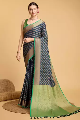 Navy blue woven self design embellished pure silk banarasi saree with blouse