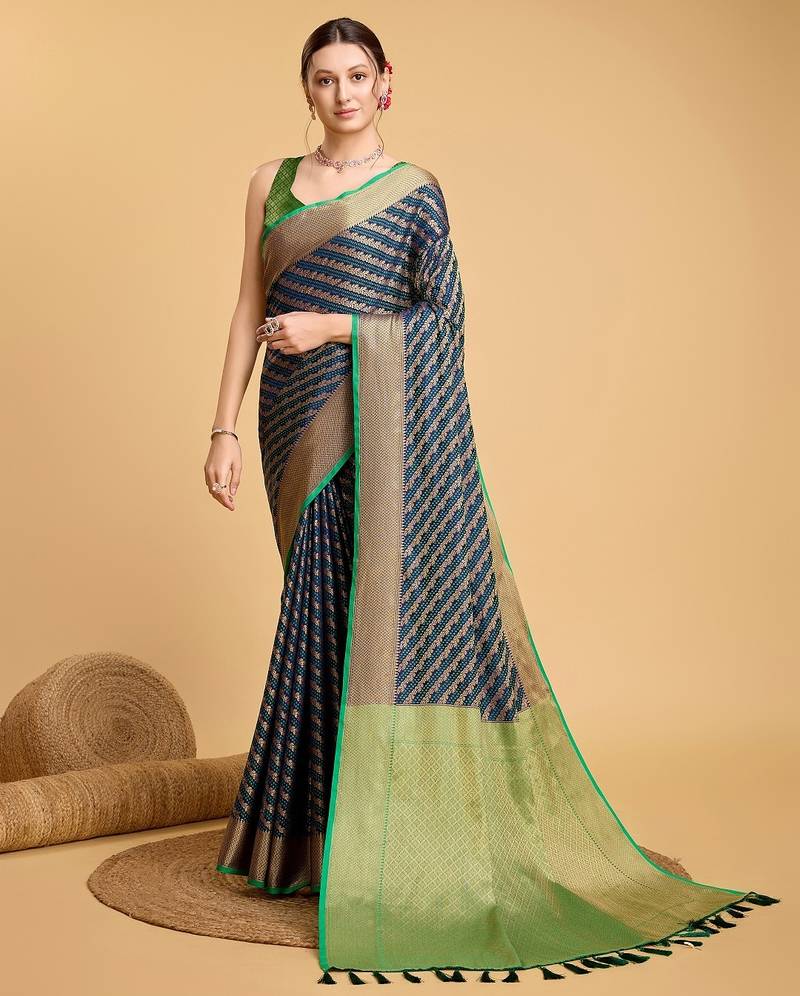 Navy blue woven self design embellished pure silk banarasi saree with blouse