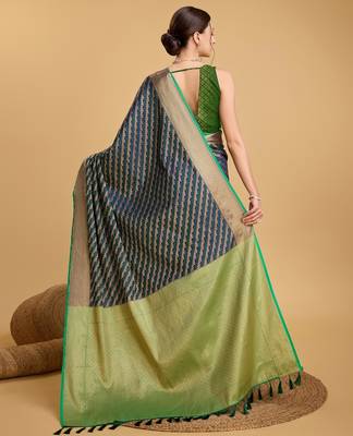 Navy blue woven self design embellished silk blend banarasi saree with blouse 4