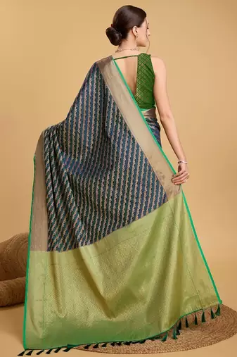 Navy blue woven self design embellished pure silk banarasi saree with blouse
