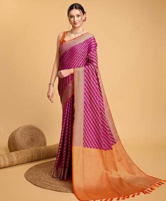Neon pink woven self design embellished silk blend banarasi saree with blouse 1