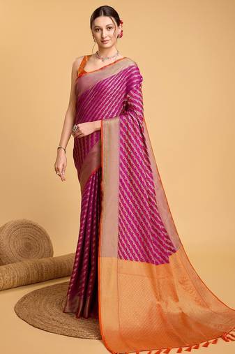 Neon pink woven self design embellished pure silk banarasi saree with blouse