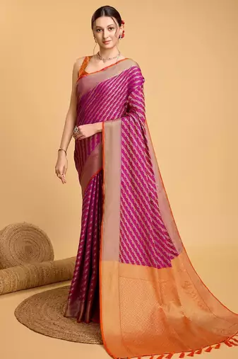 Neon pink woven self design embellished pure silk banarasi saree with blouse