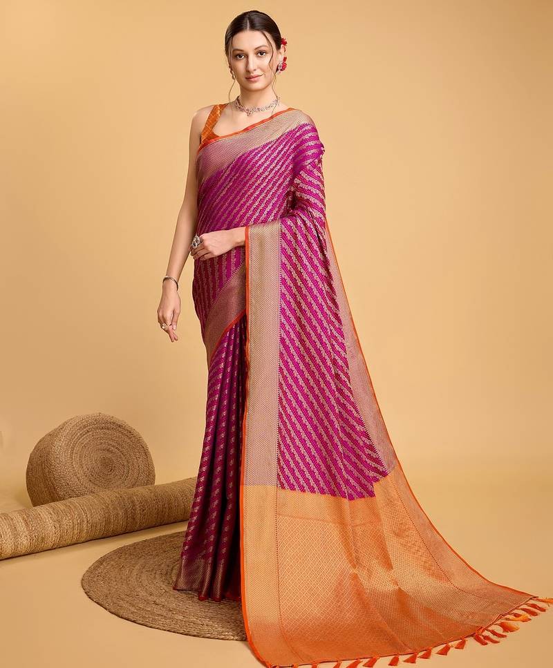 Neon pink woven self design embellished pure silk banarasi saree with blouse