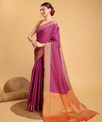 Neon pink woven self design embellished silk blend banarasi saree with blouse 3