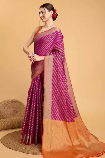 Neon pink woven self design embellished pure silk banarasi saree with blouse