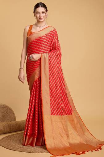 Red woven self design embellished pure silk banarasi saree with blouse