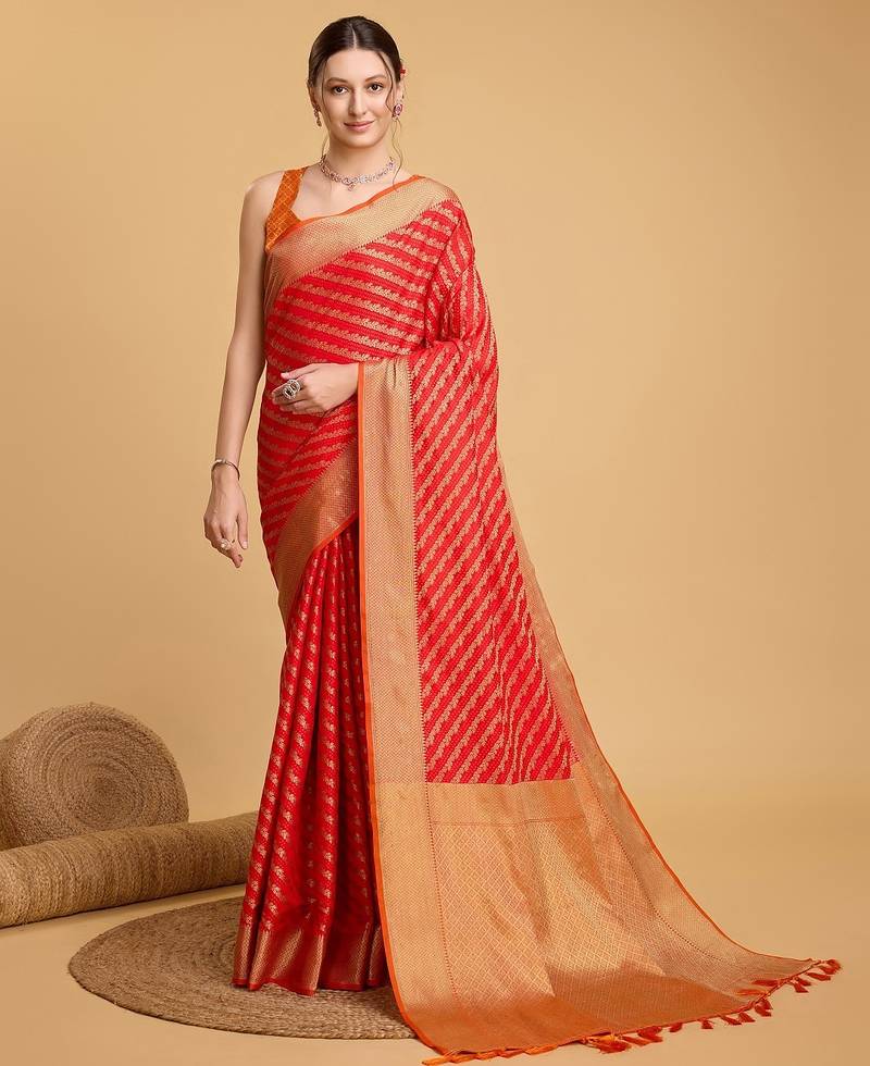 Red woven self design embellished pure silk banarasi saree with blouse