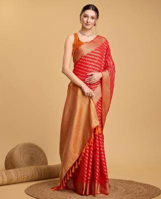 Red woven self design embellished silk blend banarasi saree with blouse 2