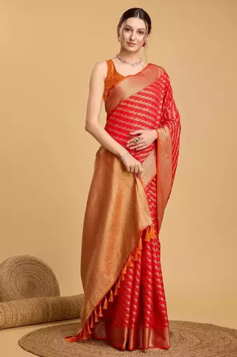 Red woven self design embellished pure silk banarasi saree with blouse