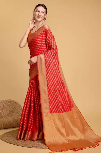 Red woven self design embellished pure silk banarasi saree with blouse