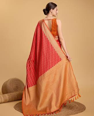 Red woven self design embellished silk blend banarasi saree with blouse 4