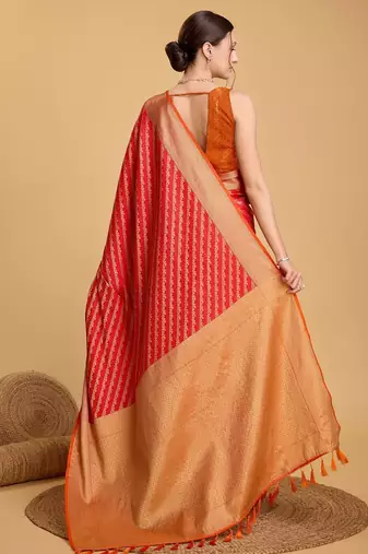 Red woven self design embellished pure silk banarasi saree with blouse
