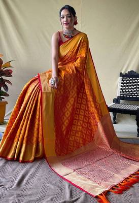 Mustard woven self design embellished pure silk patola saree with blouse 2