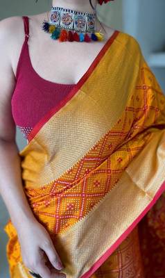 Mustard woven self design embellished pure silk patola saree with blouse 3