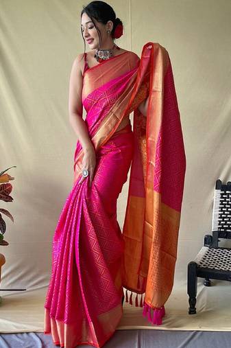 Pink woven self design embellished pure silk patola saree with blouse