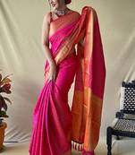 Pink woven self design embellished pure silk patola saree with blouse