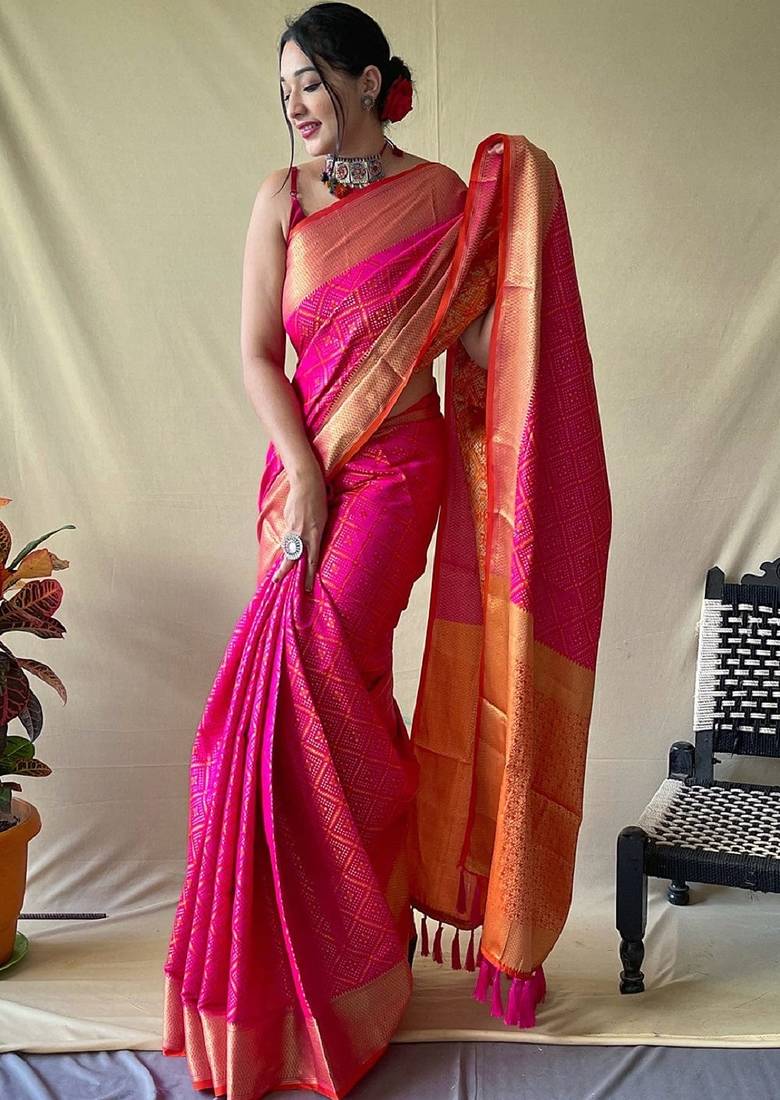 Pink woven self design embellished pure silk patola saree with blouse