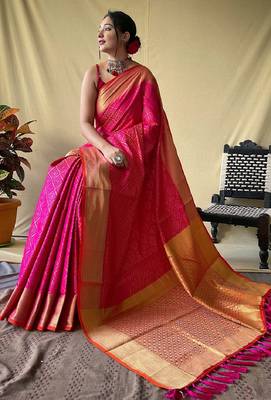 Pink woven self design embellished pure silk patola saree with blouse 2