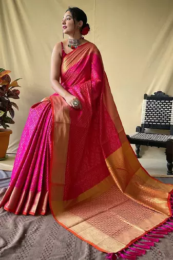Pink woven self design embellished pure silk patola saree with blouse